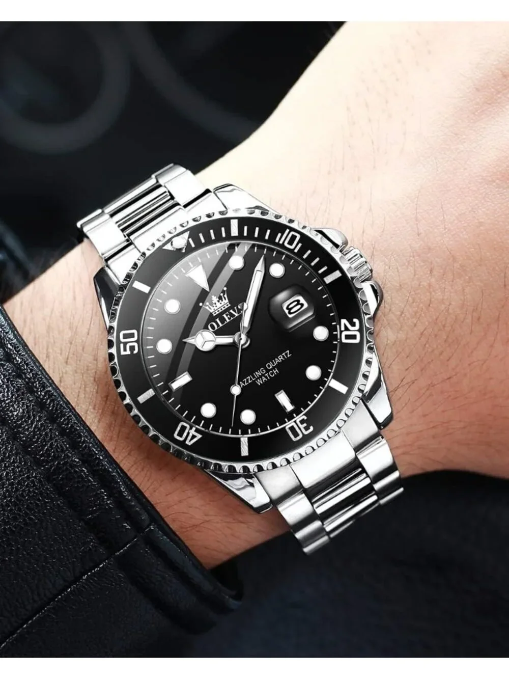 Men's Black Premium Silver Stainless Analog Rotatable Bezel Date Steel Watch